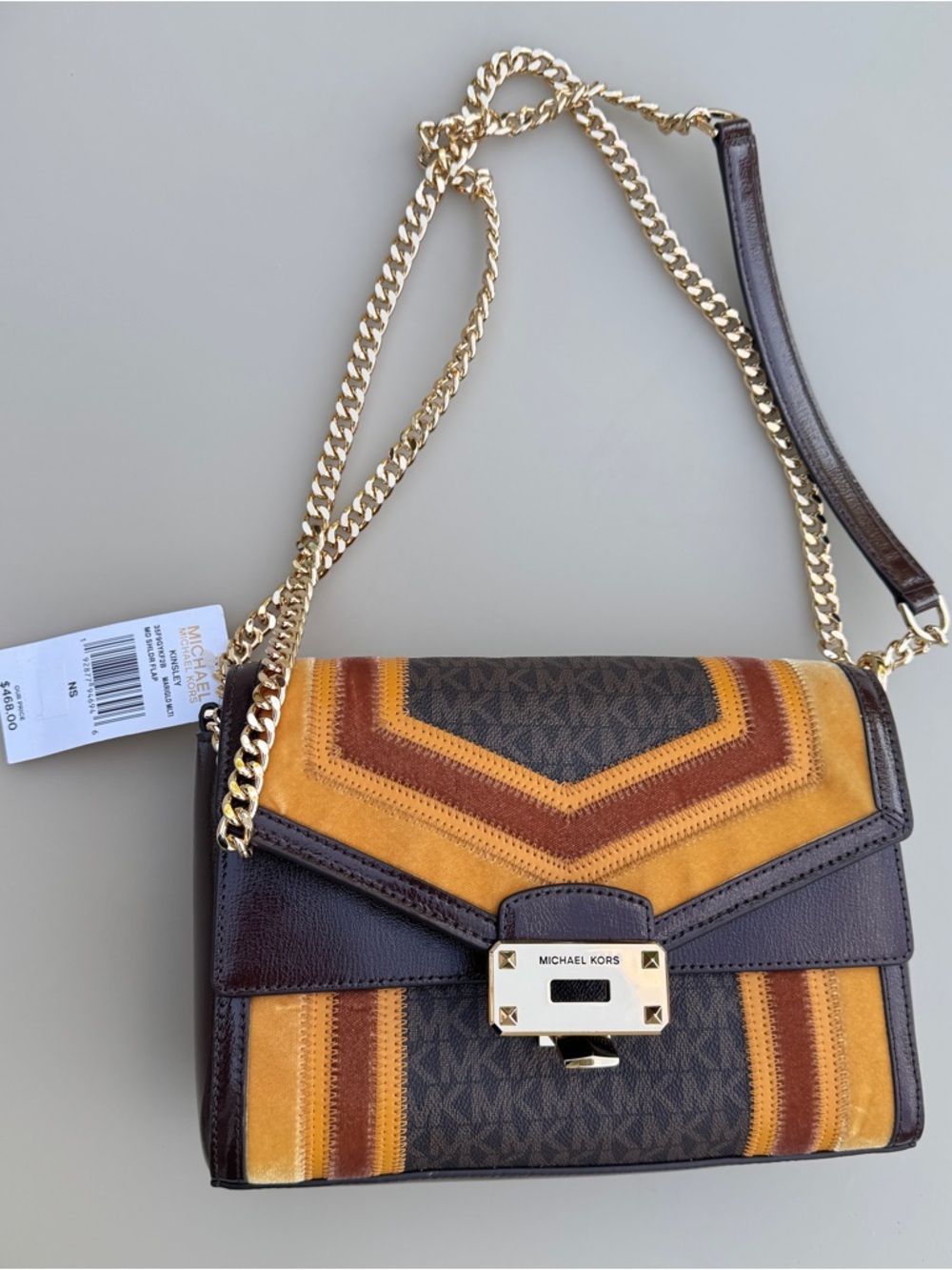 Michael Kors Women’s  Genuine Leather & Velvet Adjustable Chain Crossbody Bag